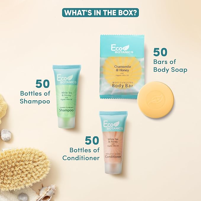 Eco Botanics Hotel Soaps and Toiletries Bulk Set | 1-Shoppe All-In-Kit Amenities for Hotels & Airbnb | 0.85 oz Hotel Shampoo & Conditioner, 0.89 oz Bar Soap Travel Size | 150 Pieces-Velvo Beauty