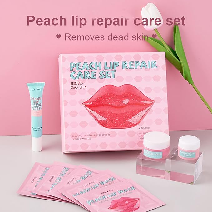 4 In 1 Peach Lip Care Kit With Lip Exfoliator Scrub And Moisturizer, Peach Scrub Bubble, Hydrating Lip Mask, Lip Scrubs Gentle Exfoliating, Instant Moisturizing, Lip Balm Hydrating For Very Dry Lips-Velvo Beauty