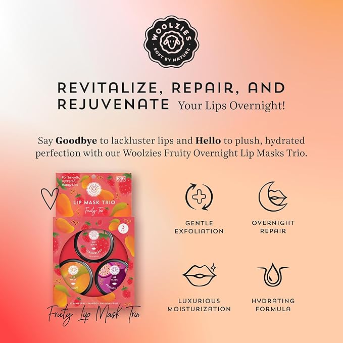 Overnight Lip Sleeping Masks Trio - Set of 3 All Natural Hydrating Lip Treatment - Overnight Repair for Soft, Smooth, Hydrated Lips (3 Pack, Fruity Trio)-Velvo Beauty