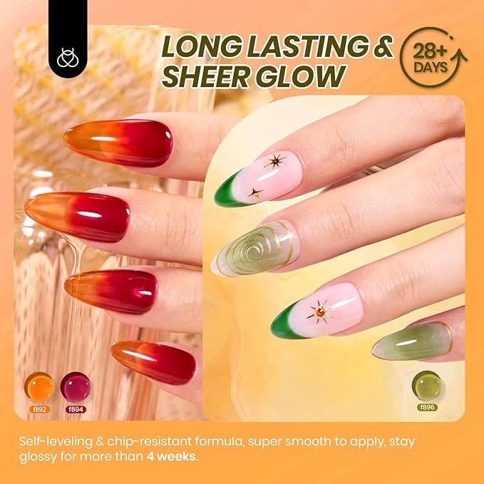 Beetles Jelly Gel Nail Polish Set - 6 Colors Yellow Orange Burgundy Red Purple Green Fall Gel Polish Kit Sheer Translucent Effect Soak off UV Nail Art Autumn Prism Series Manicure Gift for Women-Velvo Beauty