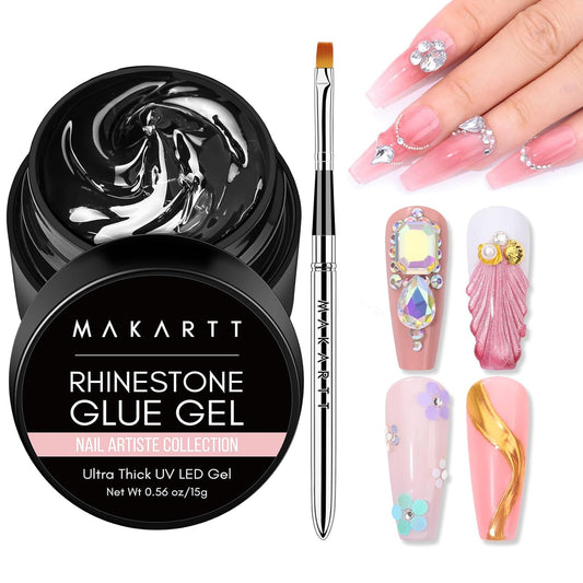 Makartt Nail Rhinestone Glue Gel with Brush Pen Set, 15ml Clear Nail Gem Glue Wipe-Off Super Strong Adhesive Nail Art Glue Gel for Nail Decorations 3D Stones Charms Flowers, Nail Lamp Needed-Velvo Beauty