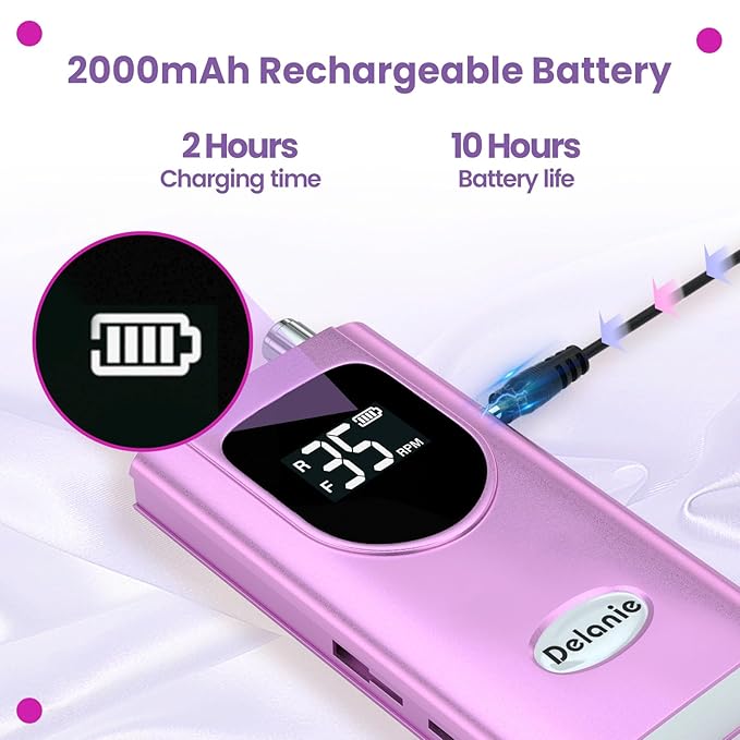 Delanie Professional Nail Drill High Torque 35000 RPM Rechargeable Portable Electric Nail File Filer for Acrylic Gel with Cuticle Bits, Salon Manicure Tool, Purple-Velvo Beauty