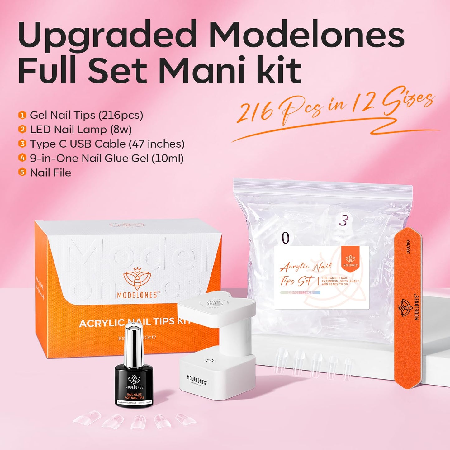 modelones Short Square Gel Nail Tips Kit, 9-in-One Nail Glue with Portable U V Lamp 216Pcs 12Sizes Pre-Etched Press ons Fake Acrylic Extension Kit DIY Salon Gift for Women-Velvo Beauty