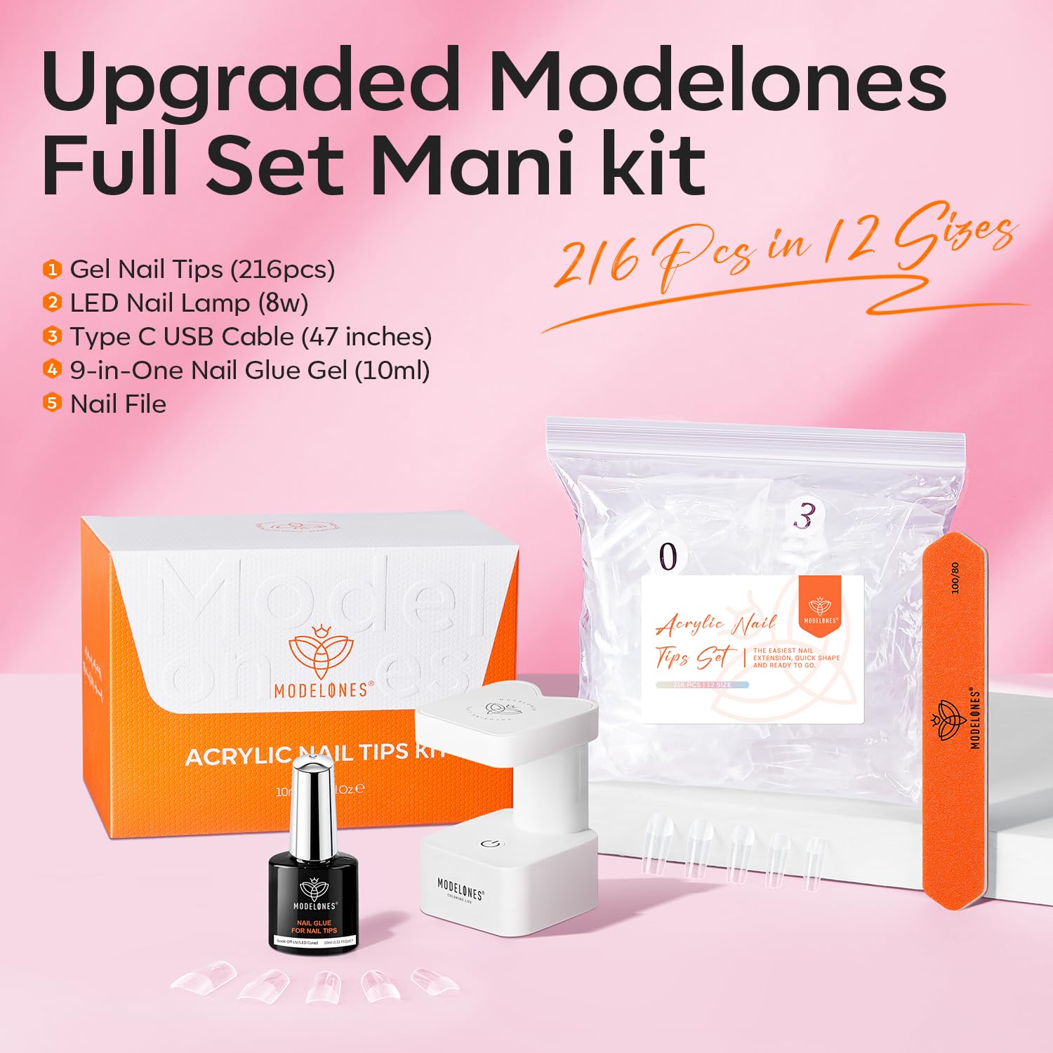 modelones Short Square Gel Nail Tips Kit, 9-in-One Nail Glue with Portable U V Lamp 216Pcs 12Sizes Pre-Etched Press ons Fake Acrylic Extension Kit DIY Salon Gift for Women-Velvo Beauty