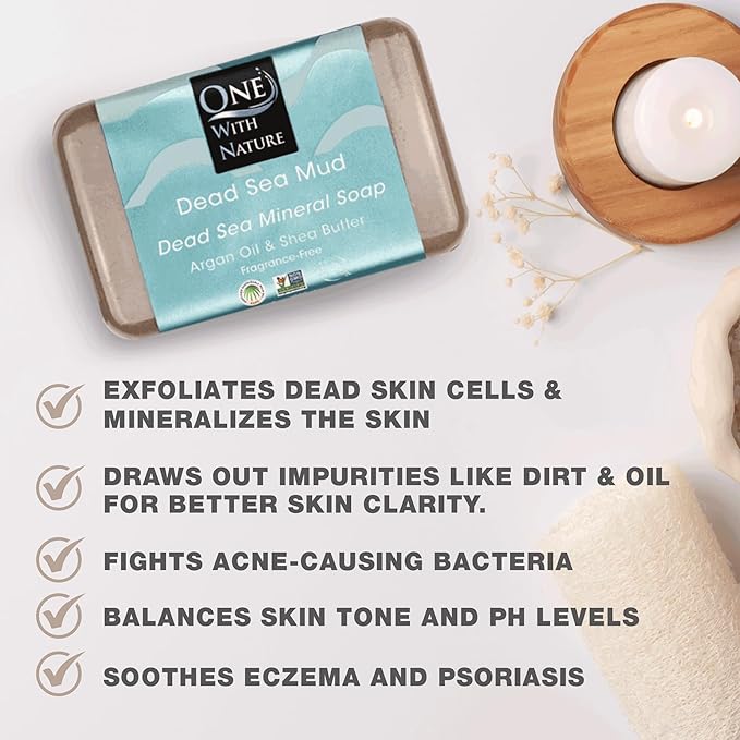One With Nature Dead Sea Mineral Mud Soap Bar, 7 oz, Fragrance Free, Shea Butter, Argan Oil, Magnesium, Sulfur, 21 Minerals, Soothes Skin, Exfoliates-Velvo Beauty