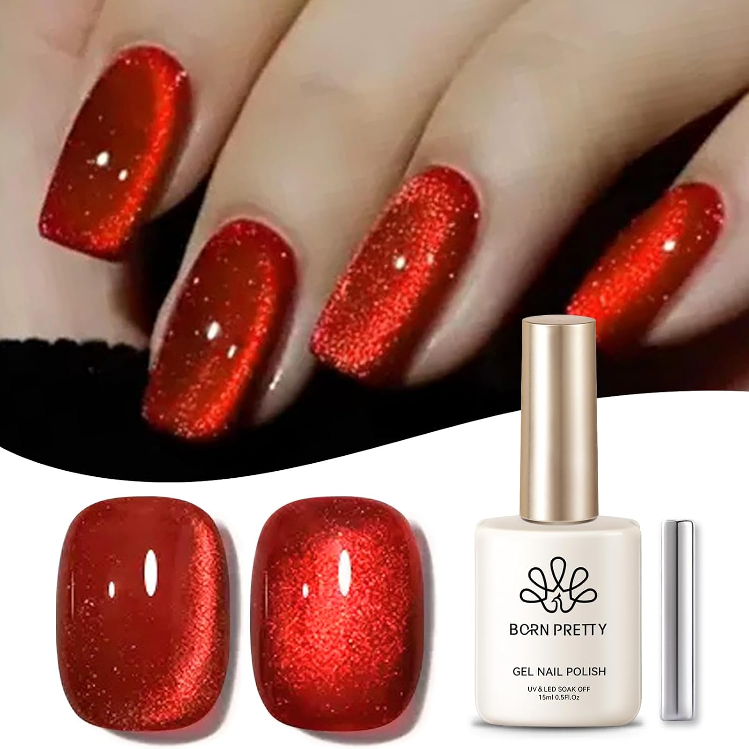 Born Pretty Cat Magnetic Eye Gel Nail Polish Ruby Red Holographic Glitter Shiny Sparkle Crystal Gel Nail Polish Magnetic Nail Polish Salon DIY at Home 15mL-Velvo Beauty