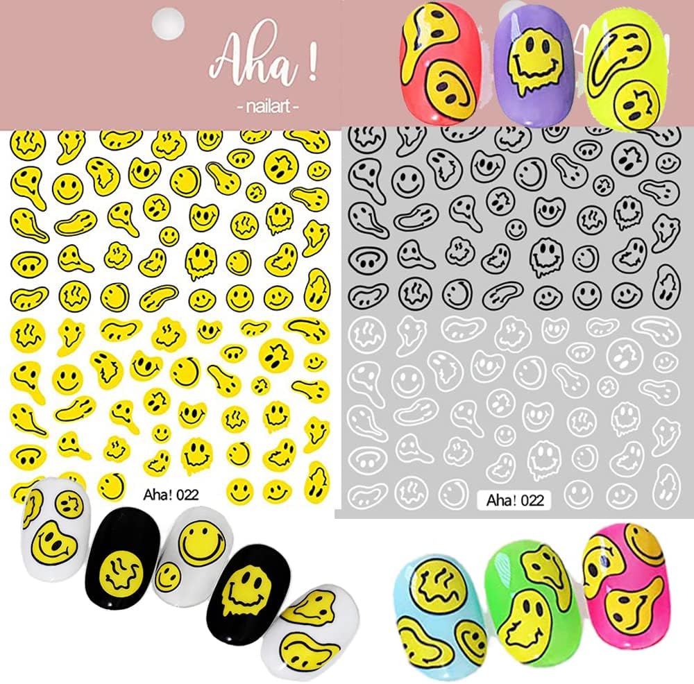 Smiling Face Nail Art Stickers 3D Nail Decals Cute Self-Adhesive Nail Stickers Yellow Black and White Twisted Smiling Face Nail Supplies for Women Girls Kids Nail Decorations-Velvo Beauty