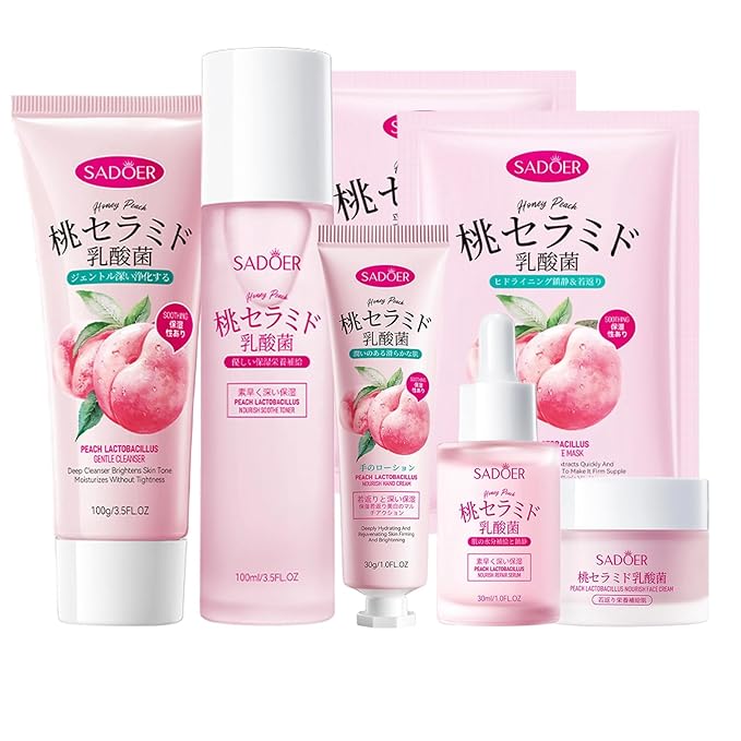 Peach Skincare Sets For Teen Girls, Complete Skin Care Routine With Facial Moisturizer, Face Cleanser, Face Mask, Peach Serum, Hand Cream & Toner, 7-In-1 Facial Skincare Set For Women-Velvo Beauty