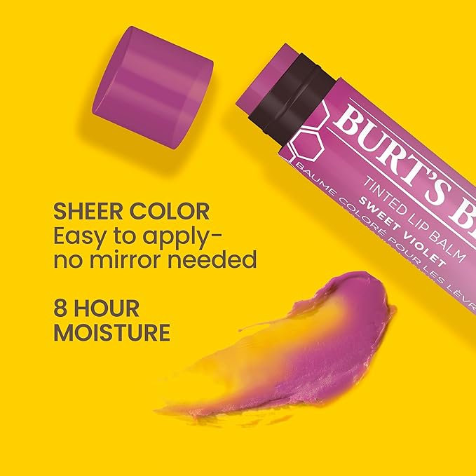 Burt's Bees Lip Tint Balm with Long Lasting 2 in 1 Duo Tinted Balm Formula, Color Infused with Deeply Hydrating Shea Butter for a Natural Looking Buildable Finish, Sweet Violet (2-Pack)-Velvo Beauty