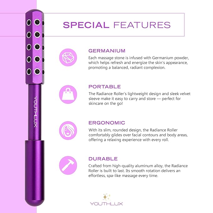 Radiance Roller – Germanium Stone Facial Massage Tool for Lifting, Sculpting, De-Puffing, Glow Boost, Energizing & Cooling Effect (Purple)-Velvo Beauty