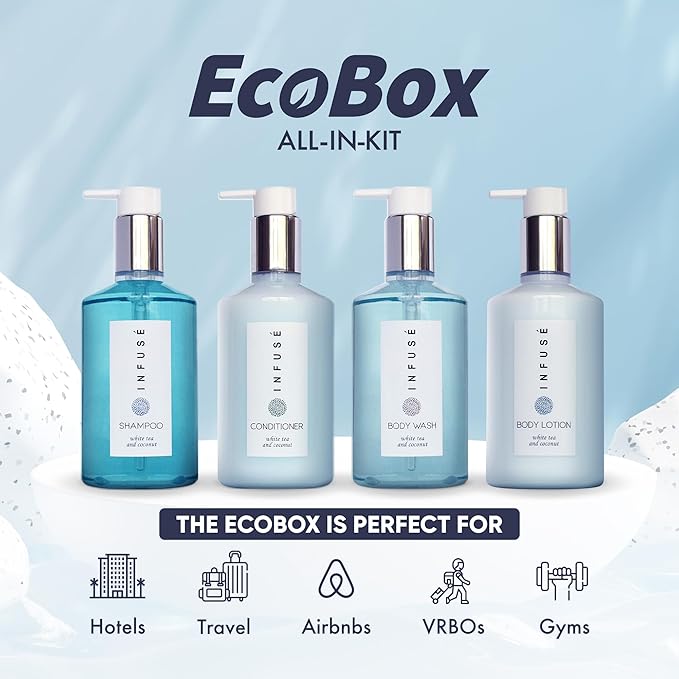 1-Shoppe Infuse 40 Piece Ecobox All-In-Kit | White Tea and Coconut Soap | 12 Shampoo, 8 Conditioner, 12 Body Wash & 8 Lotion | 10oz Hotel Soaps and Toiletries Bulk | Personal Care Products-Velvo Beauty
