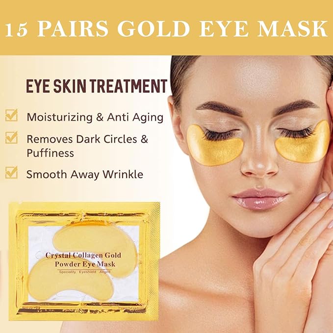 30 Pairs Lip Mask & Eye Mask, 24K Gold Gel Crystal Collagen Eye Pads for Puffy Eyes, Effectively Moisturizing the Lip & Eye Skin, Under Eye Patches for Dark Circles, Eye Bags, Wrinkles and Fine Lines-Velvo Beauty