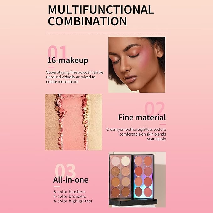 16 Colors Blush Contour Highlighter Makeup Palette with Brush, Shimmer Matte Mineral Face Blush Powder for Cheek, All in One Face Sculpting Bronzer Blusher Illuminator Concealer Palette-Velvo Beauty