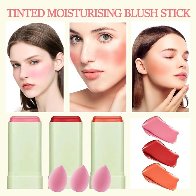 3 Colors Blush Stick,Multi-Use Cream Blush,Waterproofing Highly Pigmented Makeup Stick,Moisturizing Makeup Cream Set with Blender Sponge-Velvo Beauty