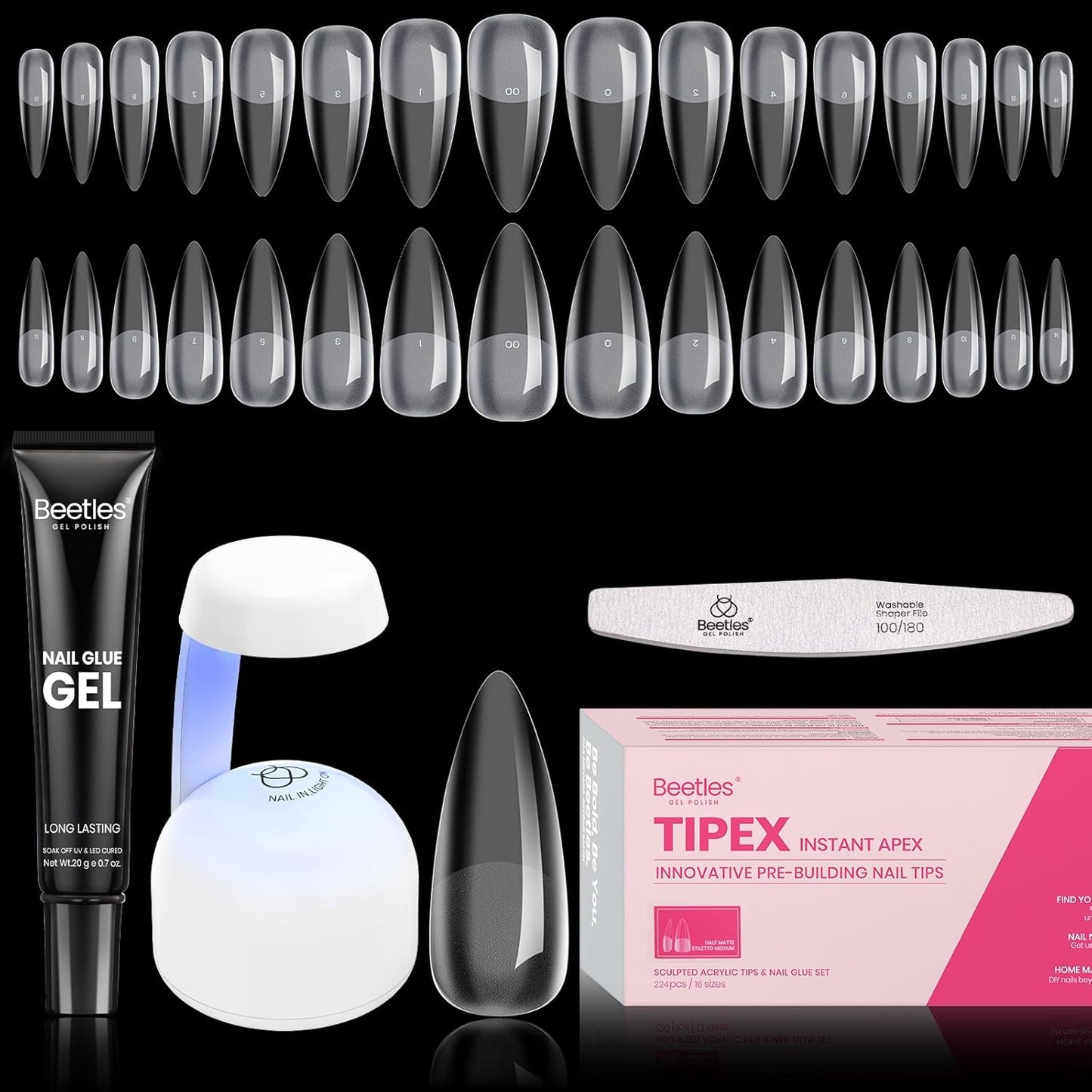 Beetles Tipex Instant Apex Nail Tips Kit Halloween Nails, Medium Stiletto, 224 Pcs 16 Sizes Pre-Building Pre-Etched False Nail Tips with Tipex Nail Glue, Mini Nail Lamp-Velvo Beauty