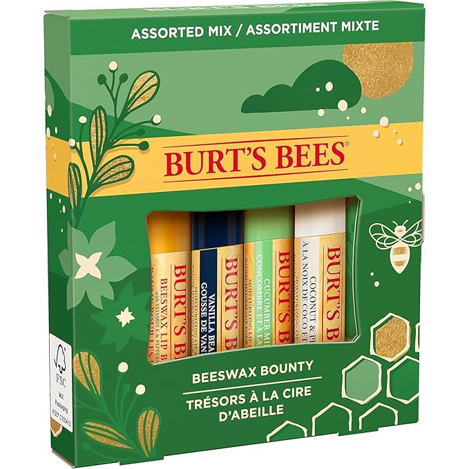 Burt's Bees Holiday Gift, 4 Lip Balms Stocking Stuffer, Assorted Mix Set, Classic Beeswax, Vanilla, Cucumber Mint & Coconut And Pear-Velvo Beauty