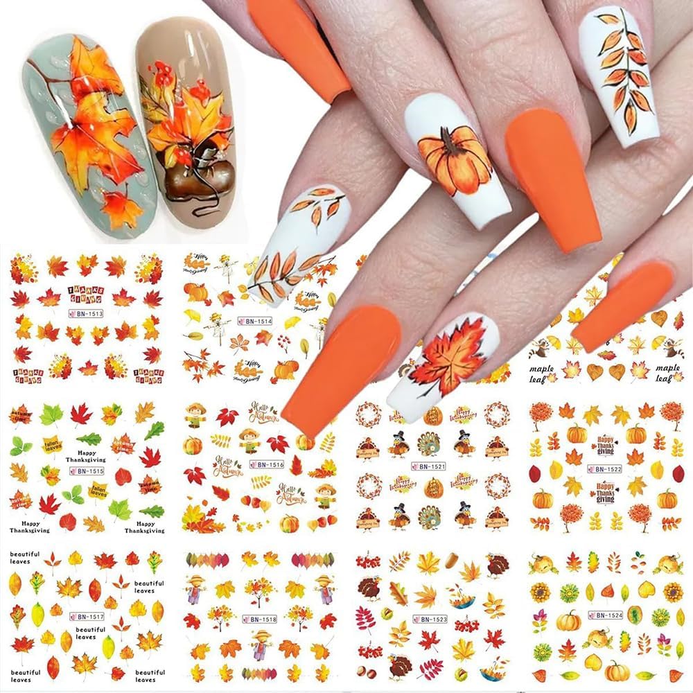 12 Sheets Fall Maple Leaf Nail Art Stickers Autumn Water Transfer Nail Decals Thanksgiving Day Nail Art Supplies Turkey Pumpkin Leaves Scarecrow Nail Design Slider Stickers for Women Nail Decorations-Velvo Beauty
