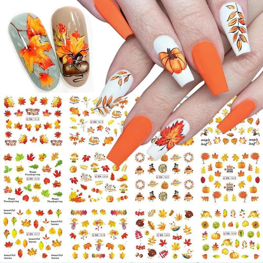 12 Sheets Fall Maple Leaf Nail Art Stickers Autumn Water Transfer Nail Decals Thanksgiving Day Nail Art Supplies Turkey Pumpkin Leaves Scarecrow Nail Design Slider Stickers for Women Nail Decorations-Velvo Beauty