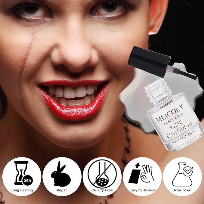 MEICOLY Rigid Collodion and Remover Kit,Scarring Liquid with Brush,Professional Scar Makeup for Halloween SFX Cosplay,Liquid Scar Fake Scar Makeup for Theater Stage Performance,Collodion Scar Liquid-Velvo Beauty