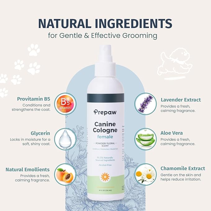 Natural Pet Cologne - Powdery Floral Scent, 3-in-1 Deodorizing, Conditioning & Moisturizing Spray for Dogs & Cats - Long Lasting. Daily Use, 8 fl oz (Female Pet)-Velvo Beauty