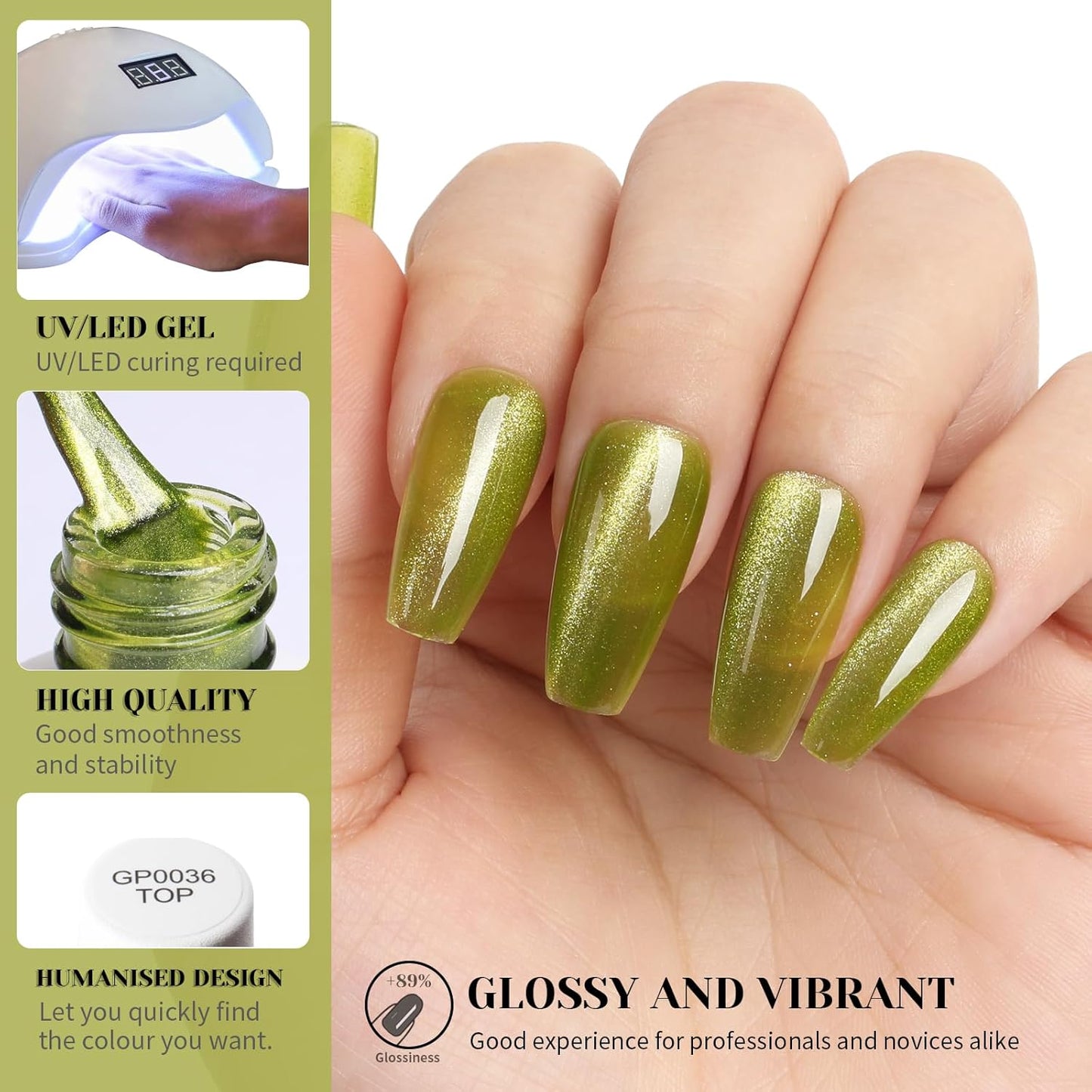 Lime Green Cat Eye Gel Nail Polish, 0.51 Fl Oz Crystal Glitter Holographic Cateye Magnetic Gel Polish for Manicure Salon or Nail Art Starter,Yellow Green Summer Fall Color Gel - GP0081-Velvo Beauty