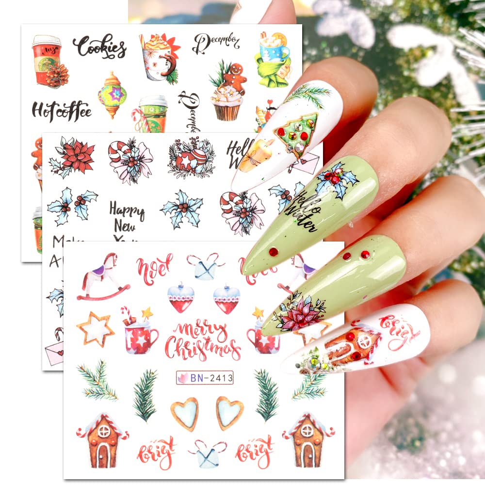 12 Sheets Christmas Nail Art Stickers Snowflake Water Transfer Nail Decals Holographic Gingerbread Man Snow Trees Winter Design Watermark Nail Foils Stickers for Women Xmas Nail Decorations-Velvo Beauty