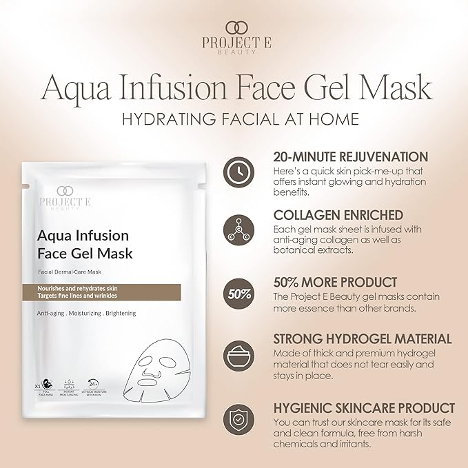 Project E Beauty Aqua Infusion Face Gel Mask Moisturizing, Hydrating & Anti-Aging | Removes Fine Lines | Brightening Collagen Face Mask | Skincare Routine | Hydrogel Sheet Masks | 5 Pack-Velvo Beauty
