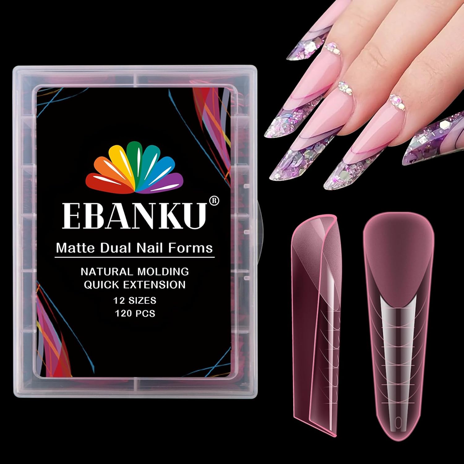 EBANKU Dual Nail Forms for Poly Extension Gel, 120 PCS Pink Nail Molds Reusable Nail Extension Forms for Builder Gel Manicure Design Salon DIY 12 Sizes-Velvo Beauty