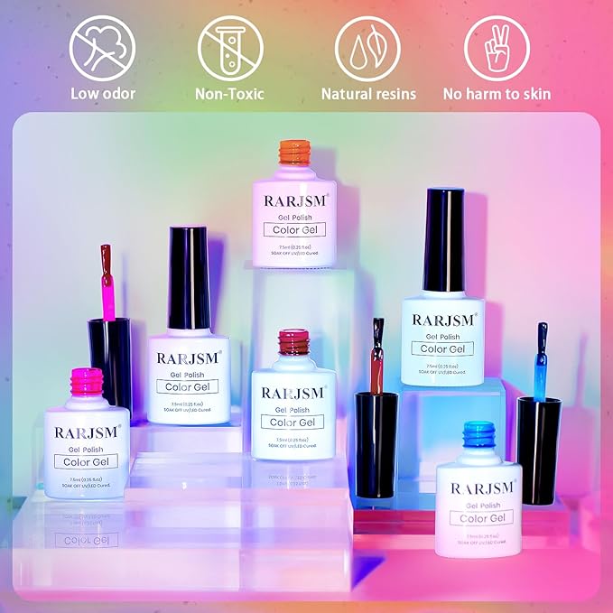 RARJSM Colorful Stained Glass Gel Nail Polish Set 6pcs Clear Crytal Blue Green Yellow Orange Red Neon Pink Series Transparent Sheer Amber Milky Gel Varnish LED UV Curing Requires French Manicure-Velvo Beauty