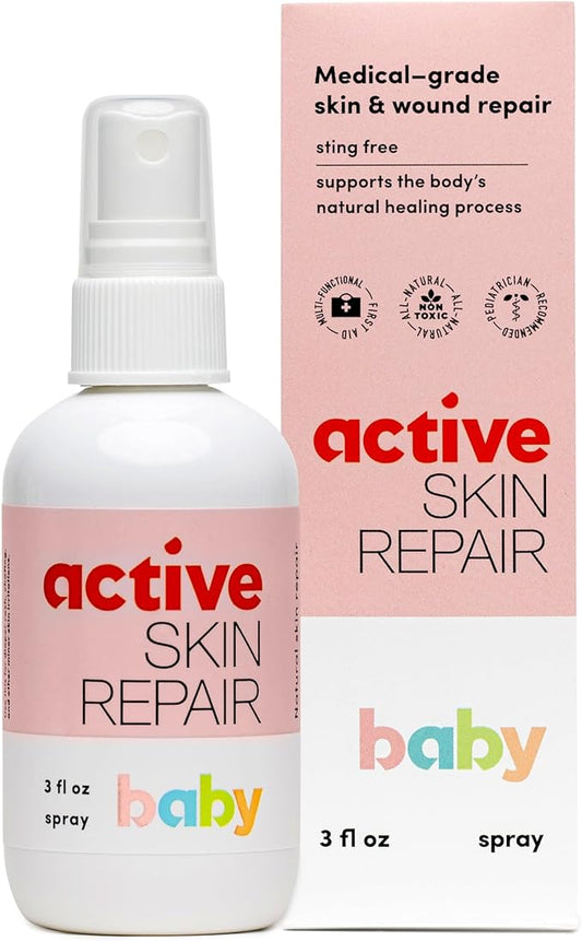 Active Skin Repair Natural, Non-Toxic, No Sting Baby Spray First Aid Safe For Use on Diaper Rash, Baby Acne, Eczema, Cuts, Wounds, Scrapes, and Other Skin Irritations (3 oz. Spray)-Velvo Beauty