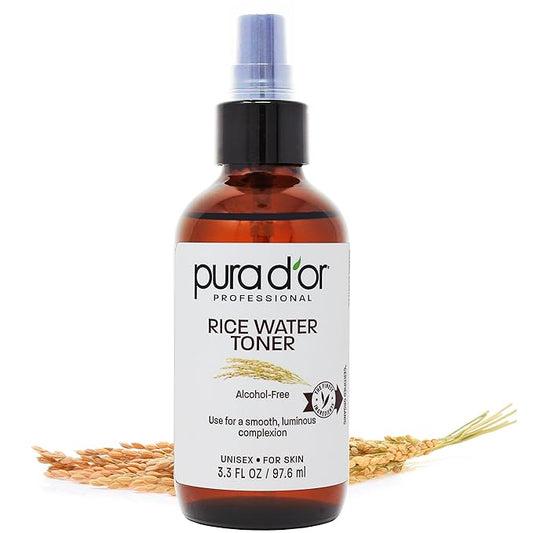 PURA D'OR 3.3 Oz Rice Water Facial Toner - Hydrating, Balancing & Soothing Formula with Natural Extracts - Skin Texture Support for Radiant Skin - Alcohol-Free - Travel Size-Velvo Beauty