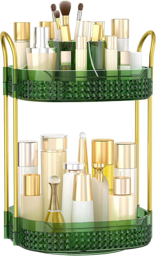 360° Rotating Makeup Organizer 2 Tier, Large Skincare Clear Make Up Storage Spinning Perfume Organizers for Bathroom Counter Dresser, Green-Velvo Beauty