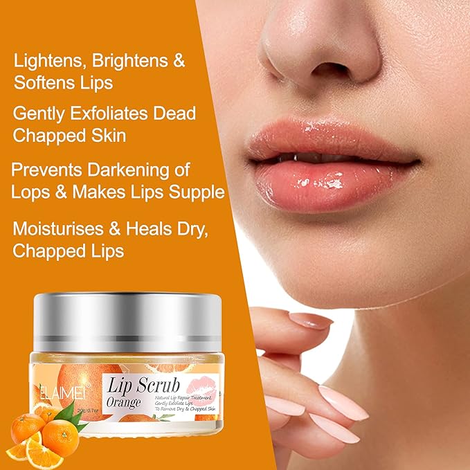 Lip Scrub, Lip Scrubs Exfoliator & Moisturizer, Lip Repair for Lush Soft Lips, Lip Moisturizer for Chapped Dry and Flaky Lips Treatment, Lip Scrubs (Orange)-Velvo Beauty