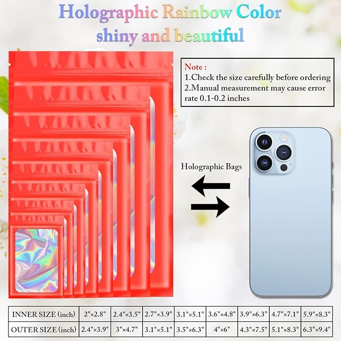 100 Pieces Smell Proof Mylar Resealable Bags, Holographic Packaging Bags, Resealable Odor Foil Pouch Zip Bag with Clear Window for Food Storage and Lipgloss, Jewelry Lash (Red, 3.5 x 6.3 Inch)-Velvo Beauty