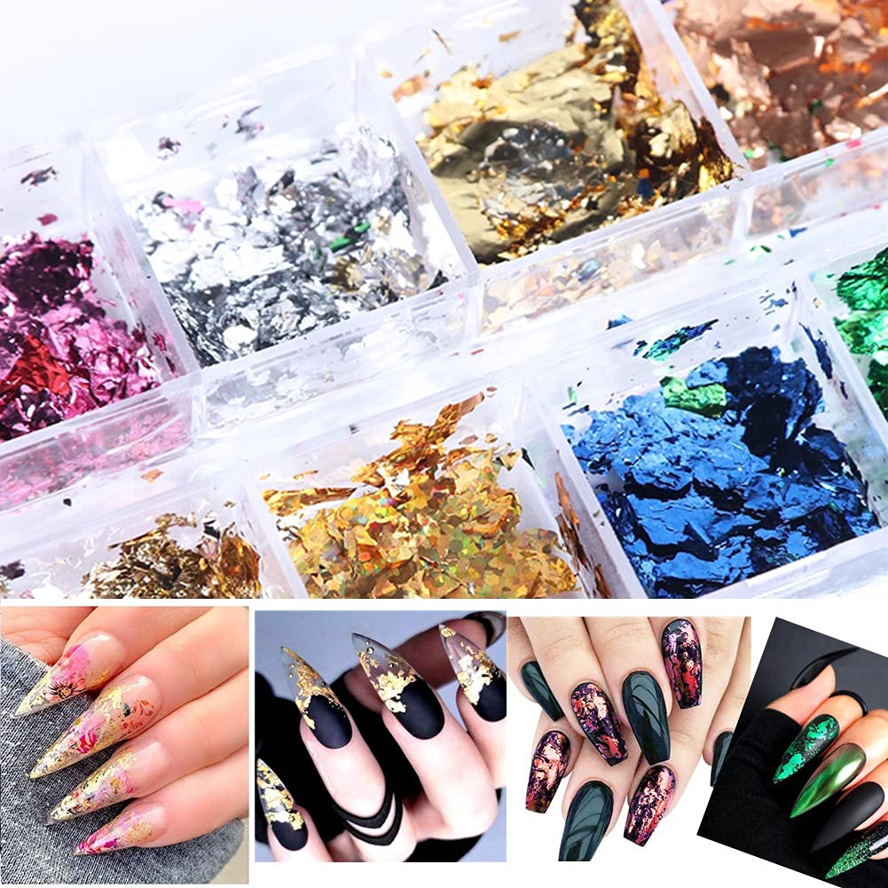 Gold Nail Art Glitter & Sequins Holographic Irregular Foil Sticker 3D Glitter Foil Flakes Decals - 12 Colors-Velvo Beauty
