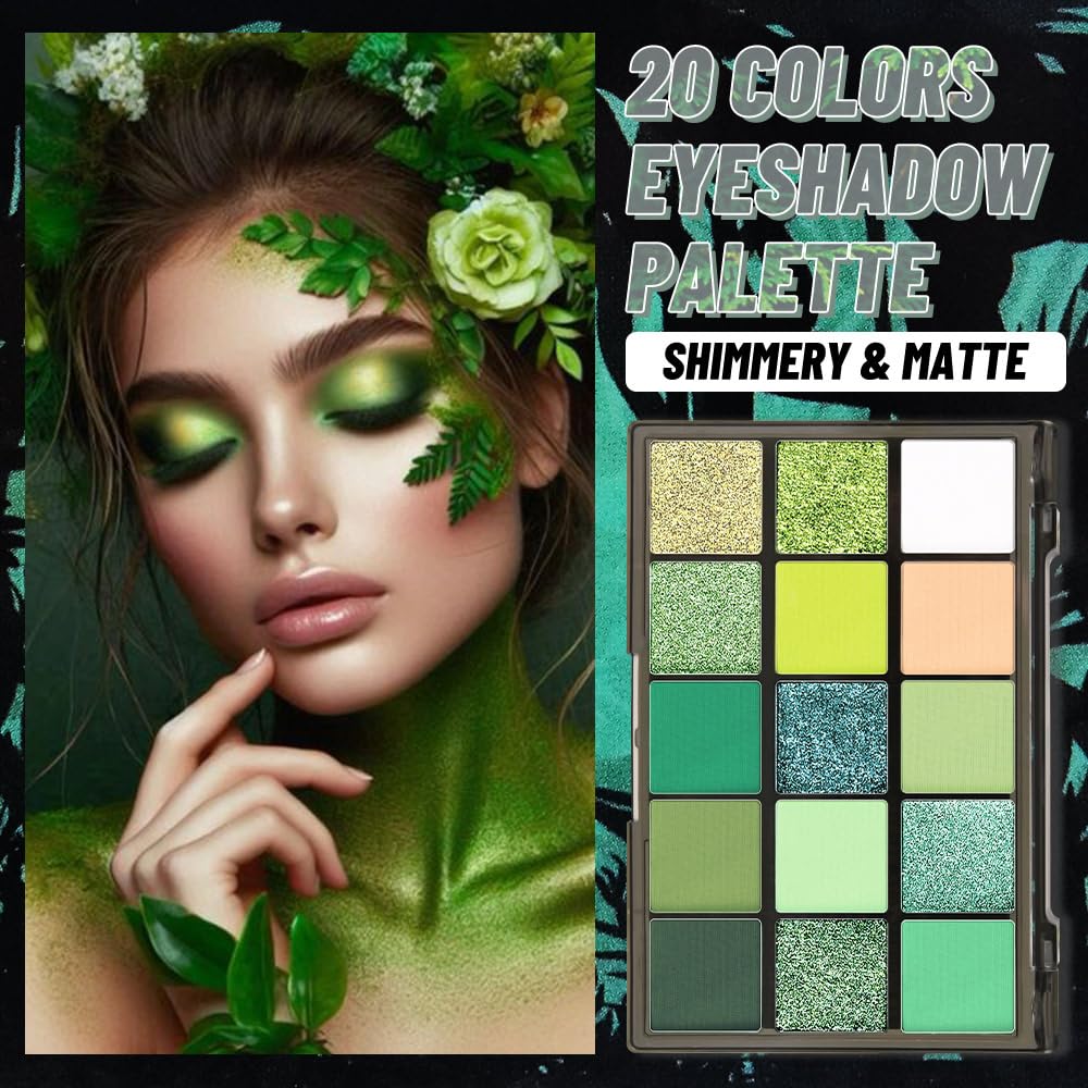 15 Colors Green Matte & Shimmer Eyeshadow Palette - Olive Teal GreenYellow DarkSeaGreen LimeGreen Pink White Eye Shadow Primers Powder for Smoky Looks, Makeup Artist Friendly, Vegan & Cruelty-Free-Velvo Beauty