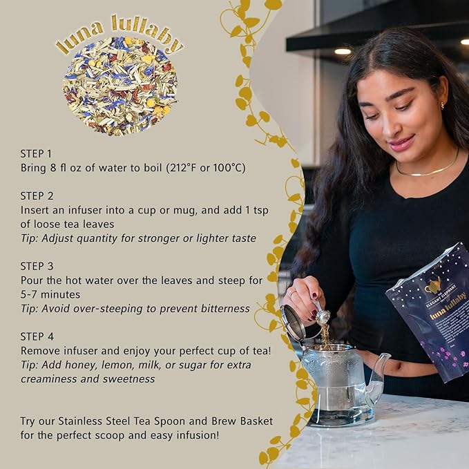 Luna Lullaby Sleep Tea, Organic Loose Leaf Herbal Tea – Calming, Relaxing Bedtime Tea – Chamomile, Valerian Root, Peppermint – 4 oz Resealable Bag (Makes 50 Cups) – The Elegant Elephant-Velvo Beauty