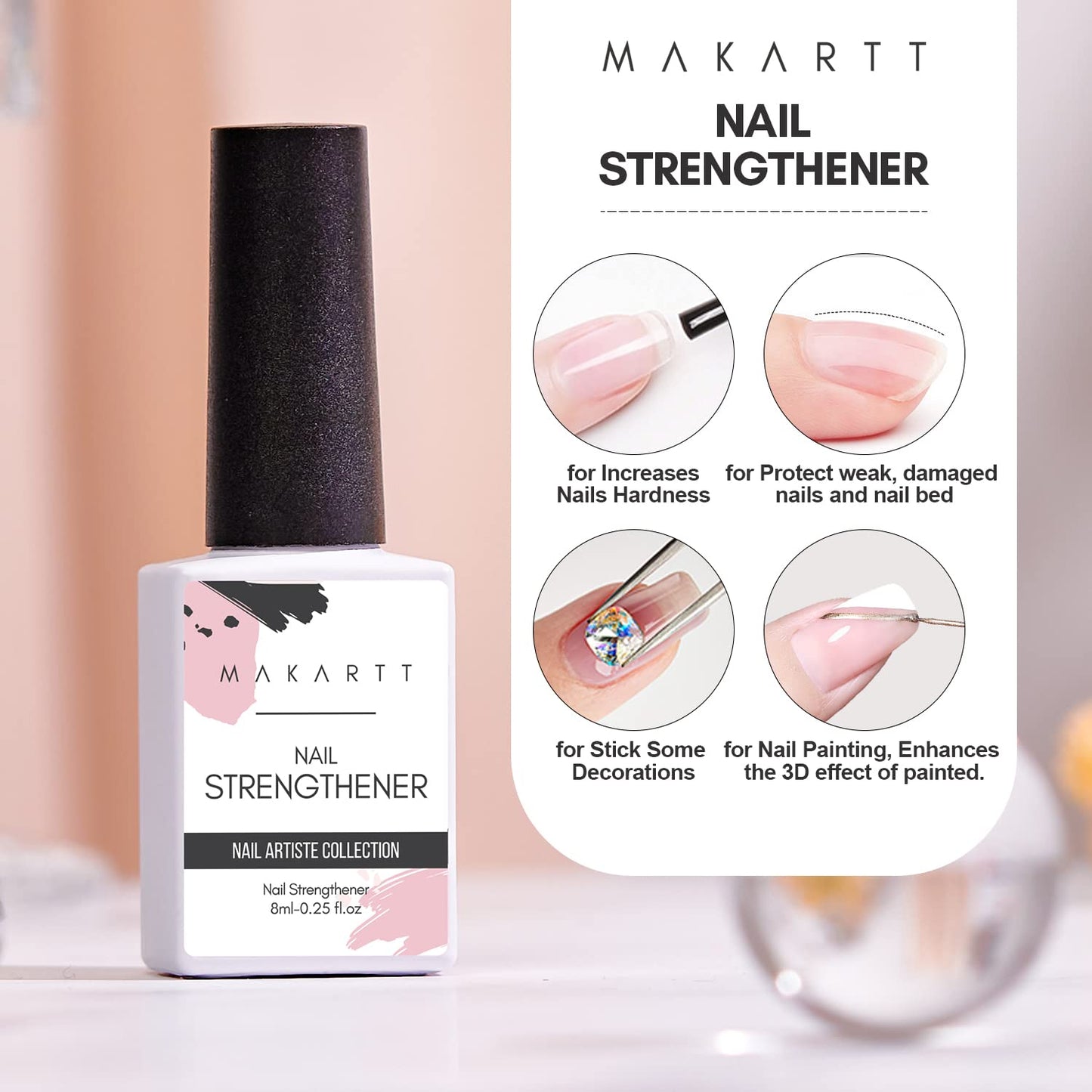 Makartt Nail Strengthener Gel Base & Top Coat Kit, 3Pcs 8ML, Long-Lasting Base & No Wipe Top Coat for Damaged Thin Nails, UV/LED Lamp Required, Promotes Nail Growth-Velvo Beauty