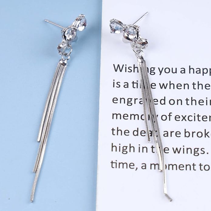 Vintage Crystal Bow Chain Drop Earrings Rhinestone Heart Stud Earrings Silver Long Chain Tassel Earrings Sparkly Cz Bridal Earrings Jewelry for Women-Velvo Beauty