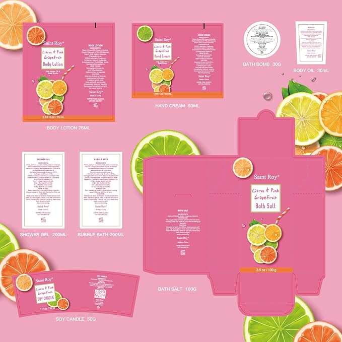 Bath & Body Gift Set, Luxury Home Spa Bath Gift Basket Citrus & Pink Grapefruit Spa Kit Gift Woman, 11 Pcs Self Care Kit Gifts With Bubble Bath, Massage Oil, Bath Brush, Birthday Gifts for Women-Velvo Beauty