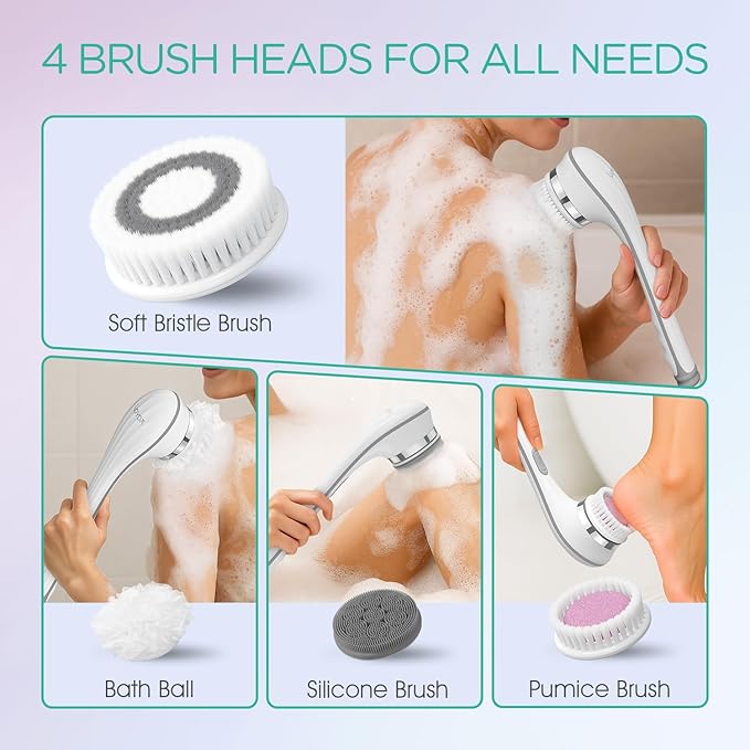 VOYOR Electric Body Brush Back Scrubber for Shower Rechargeable Exfoliating Bath Brush Powered Shower Brush with Non-Slip Long Handle Deep Cleansing, Exfoliation, Massaging Spin Brush BC100 (Gery)-Velvo Beauty