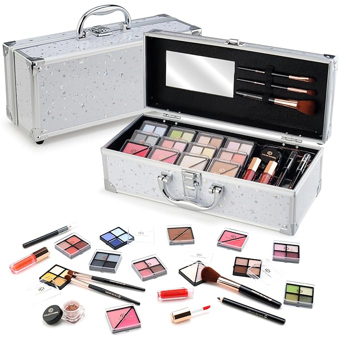 Color Nymph Beginners Makeup Kit With Train Case For Teenagers Girls, Full Starter Cosmetics Set Included 32 Colors Eyeshadow, Glitter Cream, Blush, Highlighter, Lip Gloss and Brush (White)-Velvo Beauty