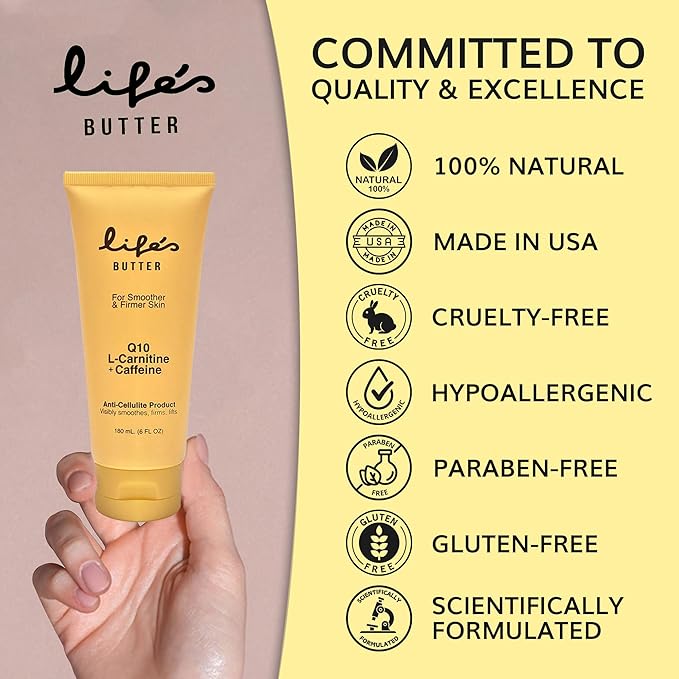 LIFE'S BUTTER Anti-Cellulite Cream - 100% Natural - Made in USA - Cruelty-Free - Hypoallergenic - Best Cellulite Reduction - Skin Firming + Tightening for Women L-Carnitine + CoQ10 + Caffeine – 6oz-Velvo Beauty
