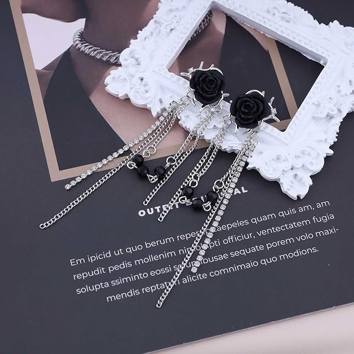 Punk Black Rose Flower Earring Long Rhinestone Chain Drop Earrings Silver Cz Tassel Chain Earrings Black Rose Flower Ear Cuff Earring Jewelry for Women-Velvo Beauty