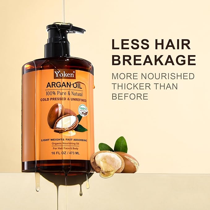 Yoken Argan Oil for Hair, Pure and Natural Morocco Argan Oil, Argon Oil For Hair, Scalp, Face & Skin Care, 100% Cold Pressed Hair Conditioner, Unrefined Argon Nails Carrier Oil (16 Fl Oz)-Velvo Beauty