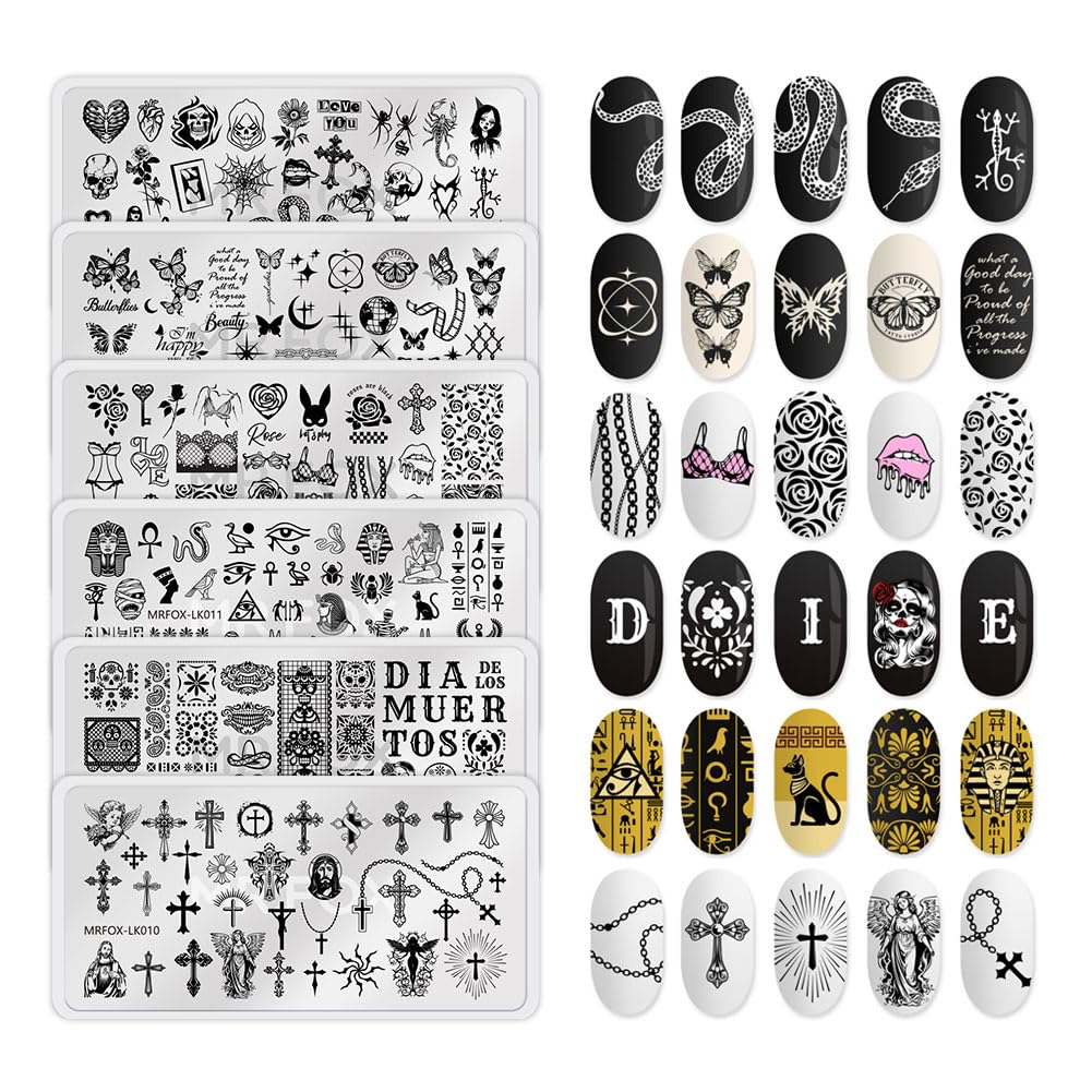 6 Pcs Nail Plates Stamping Set Rose Snake Butterfly Egyptian Cross Nail Art DIY Stamping Template-Velvo Beauty