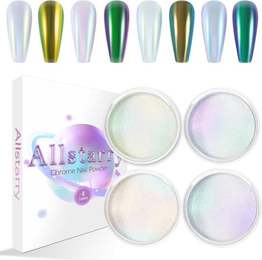 Allstarry White Chrome Nail Powder, 4 PCS Color-Shift Chameleon Mica Powder Aurora Chrome Effect Glitter Dust Iridescent Pearlescent Pearl Pigment for Gel Polish Nail Art Decoration, Resin Craft-Velvo Beauty