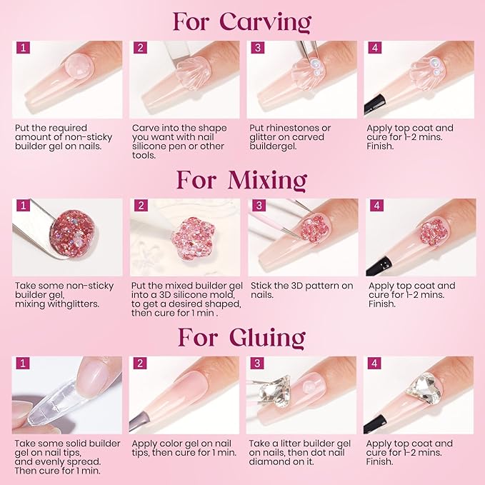 MIZHSE Solid Builder Gel for nails, 3 Colors Sculpting Gel for Nails, Clear White Pink Non-Sticky Hand 3D Nail Art Building Carving Modeling Hard Nail Extension Manicure Salon Home DIY Gift-Velvo Beauty