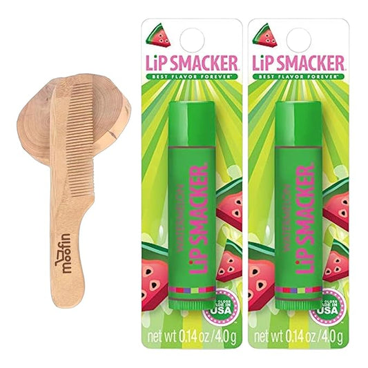 Lip Smacker Water melon Flavored Balm, Glossy Balm for Soft, Shiny s, gloss Hydrating Clear Shine, Built in USA, Bundle with Moofin Wooden Comb, skin care [Pack of 2]-Velvo Beauty