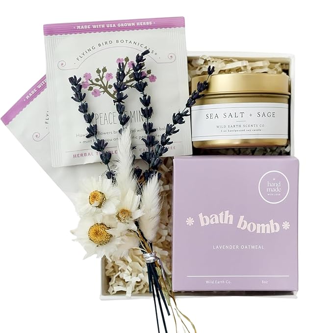 Unboxme Gifts Mini Lavender Spa Gift Set - Relaxation Gift Basket for Women - Self Care Package with Lavender Candle, Bath Bomb, Soap, Greeting Card & More-Velvo Beauty